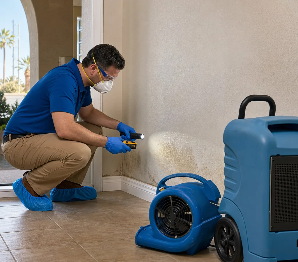 Technician in protective gear inspecting a damp wall and baseboard with a moisture meter in a Tempe home
