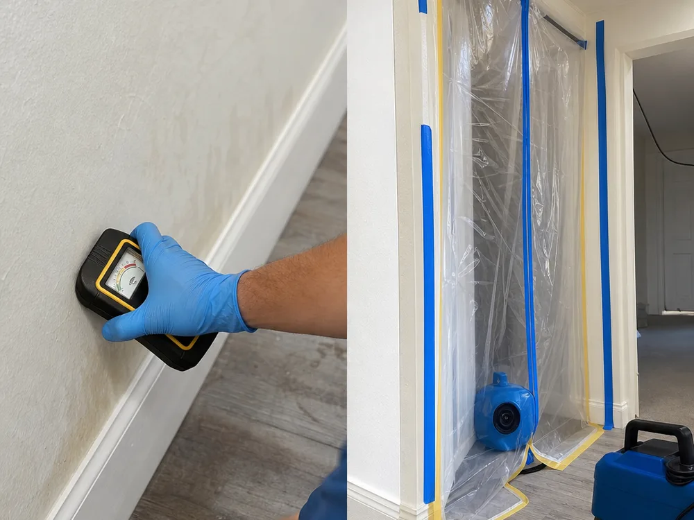 Moisture meter reading near a stained baseboard beside a contained residential work area