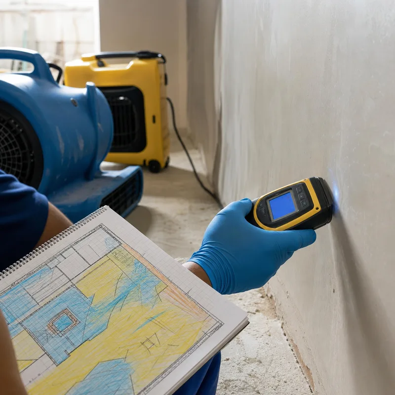 Moisture map notes and a meter reading beside labeled drying equipment used to document restoration pricing