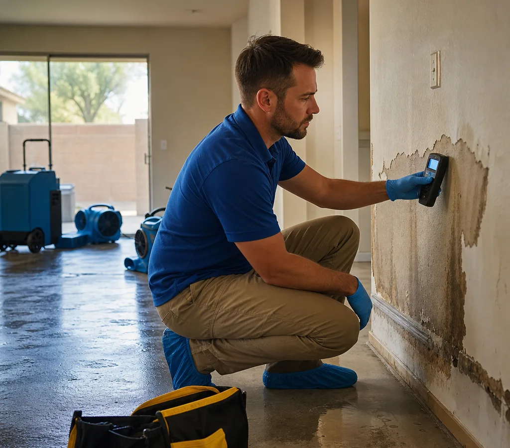 Technician checking a Tempe home wall with a moisture meter while air movers and a dehumidifier are staged nearby