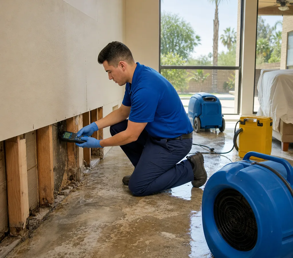 Technician using a moisture meter near water-damaged drywall with drying equipment staged in a Tempe home