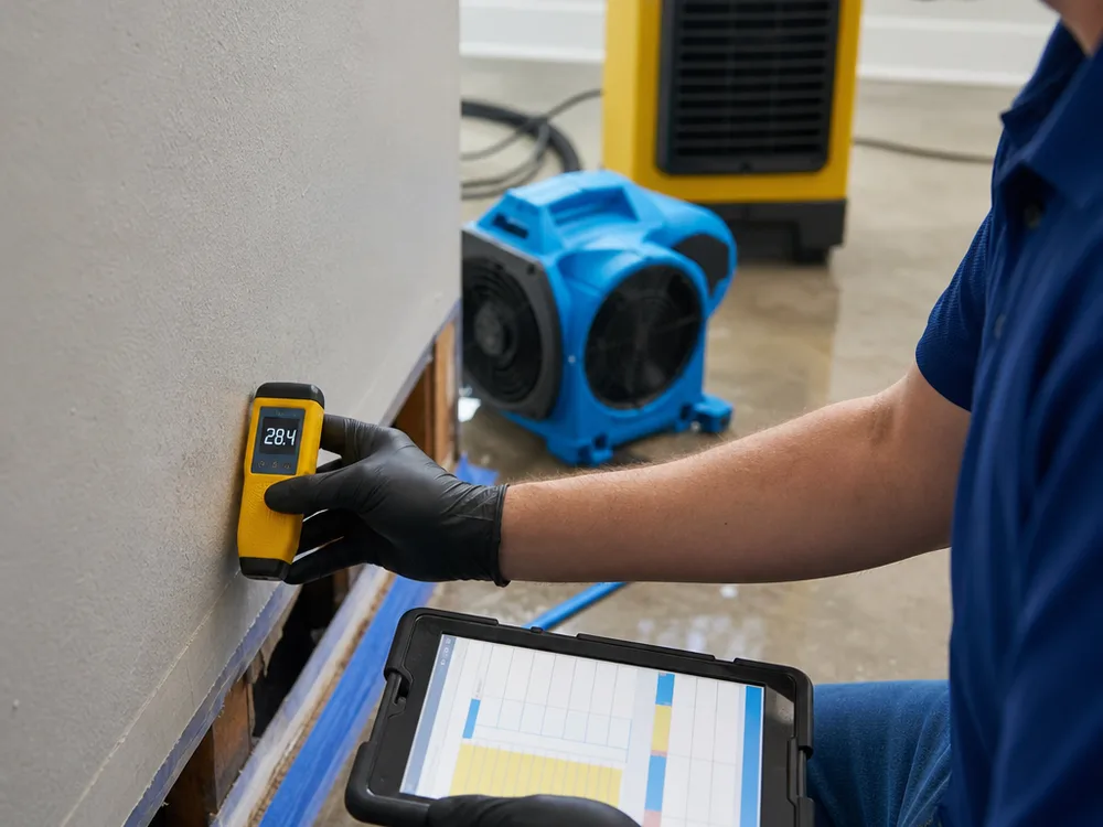 Moisture meter reading at damaged baseboard and drywall with a drying log and restoration equipment nearby