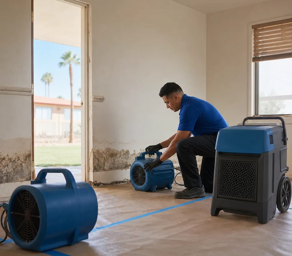 Restoration technician setting air movers and a dehumidifier in a storm-damaged Tempe room