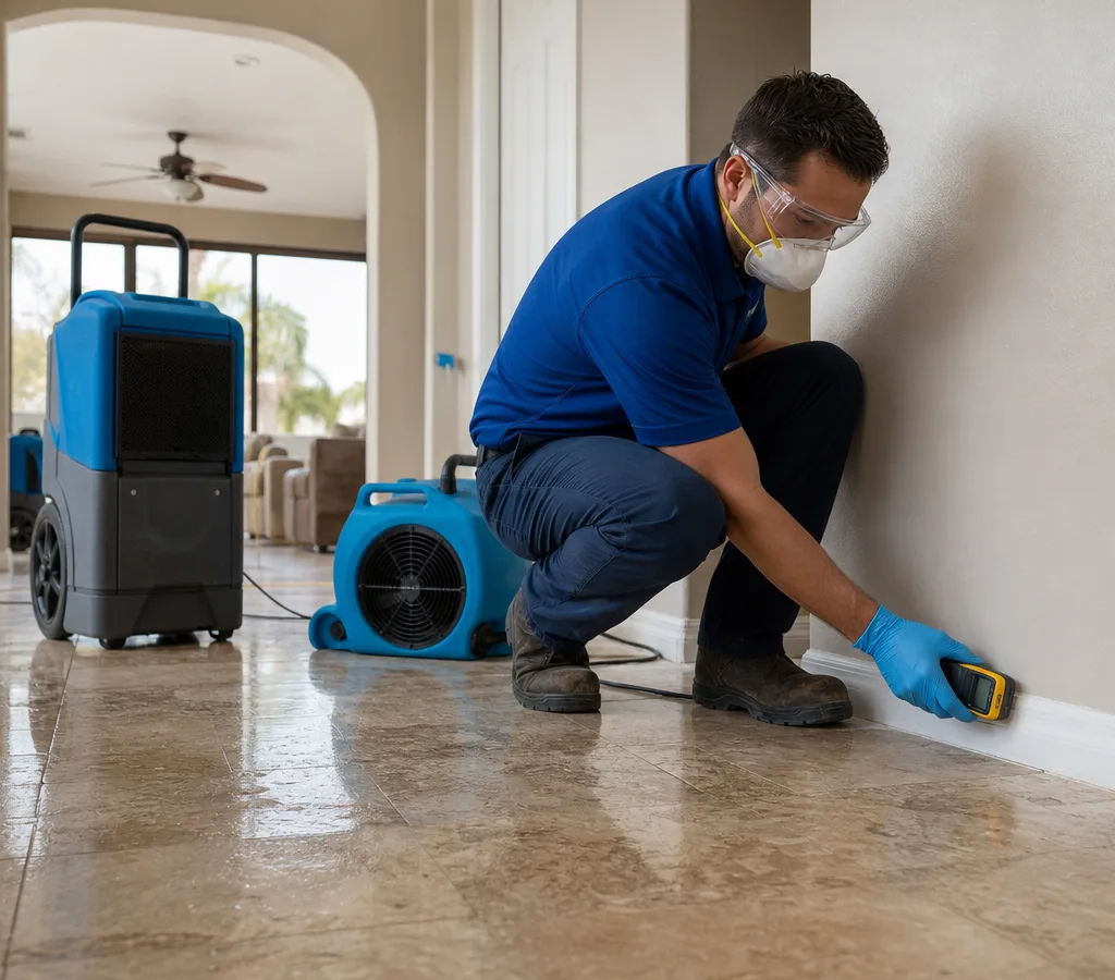 Technician checking moisture along a baseboard while professional drying equipment runs in a Tempe home