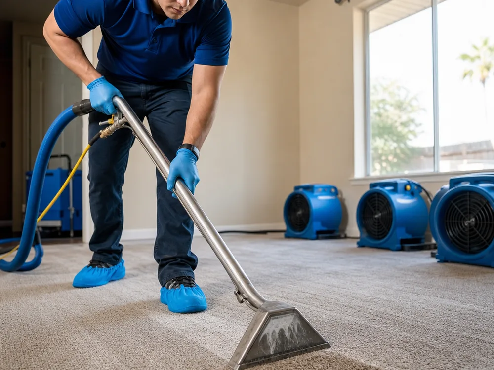 Truck-mount wand extracting water from carpet with air movers staged along the wall