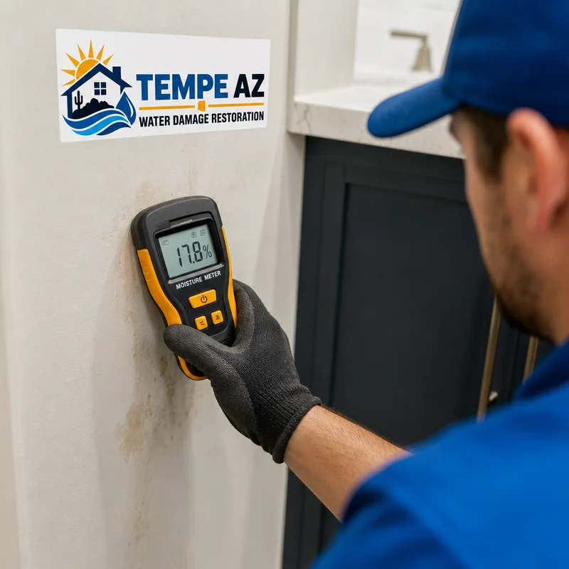 Technician taking a moisture meter reading on discolored drywall near a bathroom vanity
