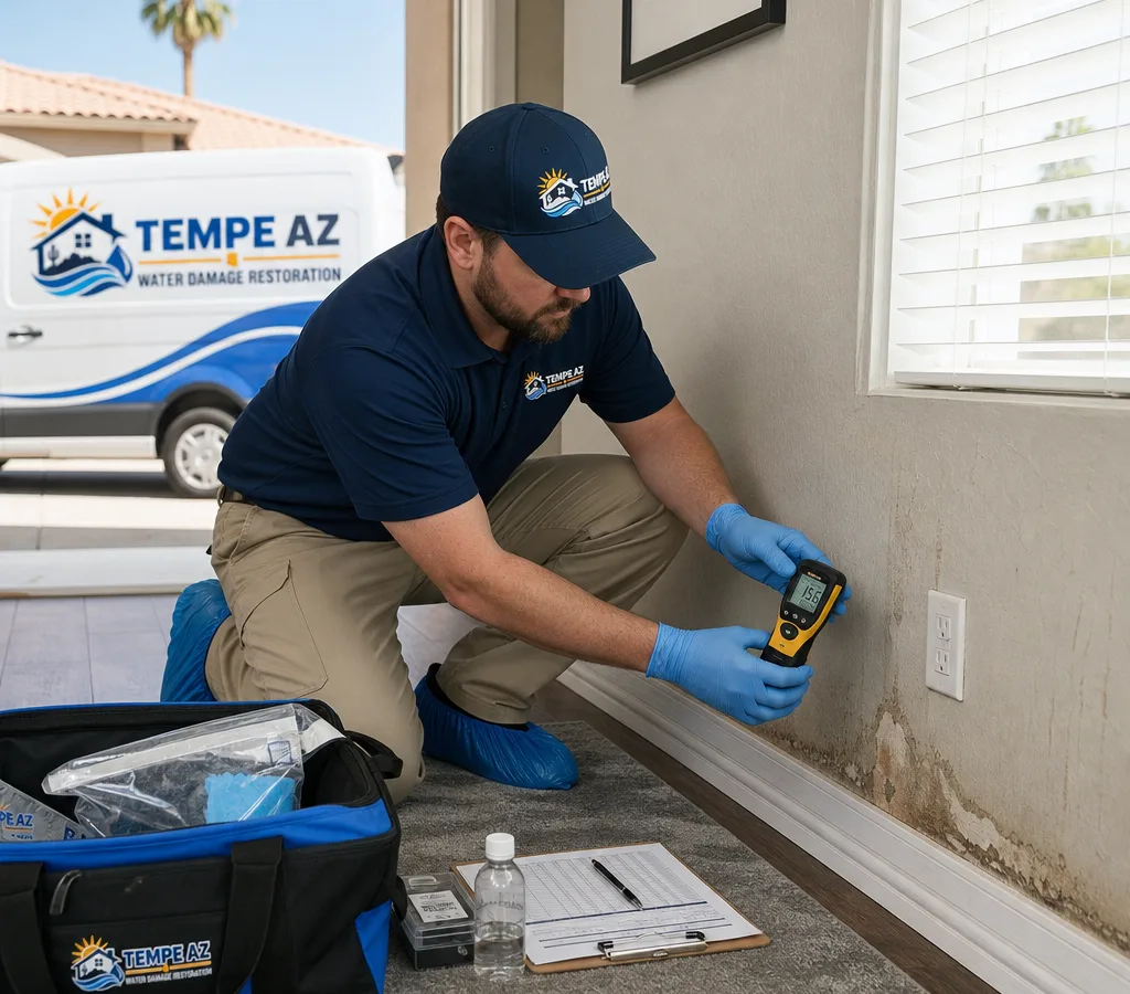 Inspector in protective equipment examining drywall and baseboards with a moisture meter in a Tempe home