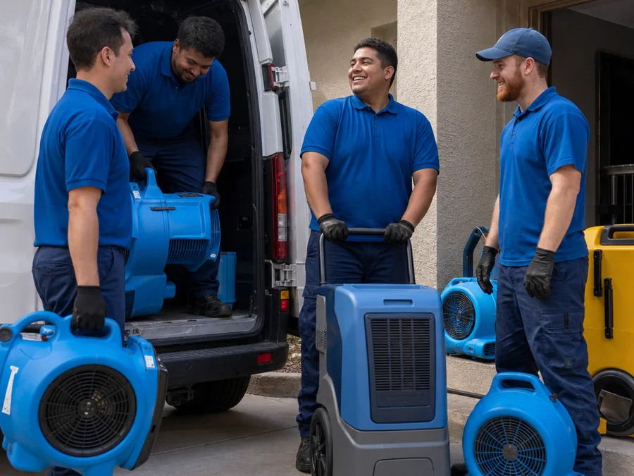 Restoration crew neatly staging air movers and dehumidifiers at a jobsite entrance