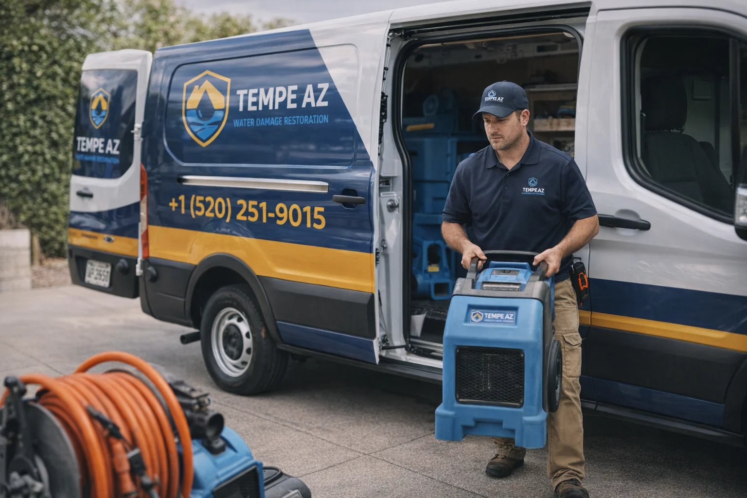 Restoration technician with drying equipment